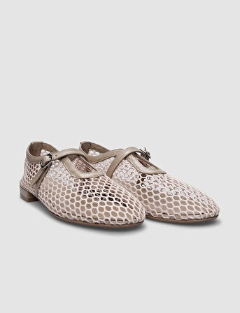 %100 Hakiki Deri Bej Fileli Toka Detaylı Kadın Babet