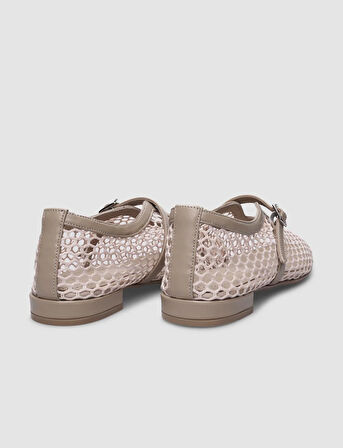 %100 Hakiki Deri Bej Fileli Toka Detaylı Kadın Babet