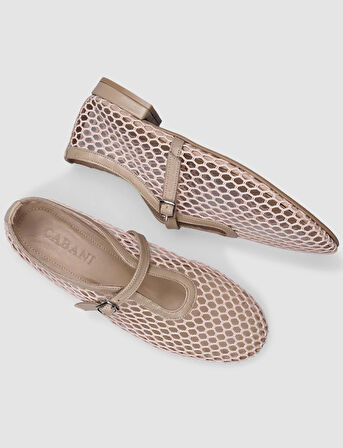 %100 Hakiki Deri Bej Fileli Toka Detaylı Kadın Babet