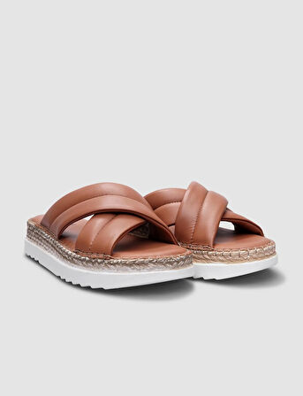 %100 Hakiki Deri Taba Çapraz Bantlı Kadın Terlik