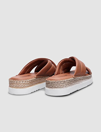 %100 Hakiki Deri Taba Çapraz Bantlı Kadın Terlik