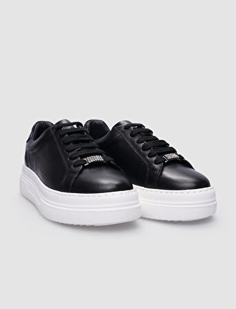 %100 Hakiki Deri Siyah Bağcıklı Kadın Sneaker