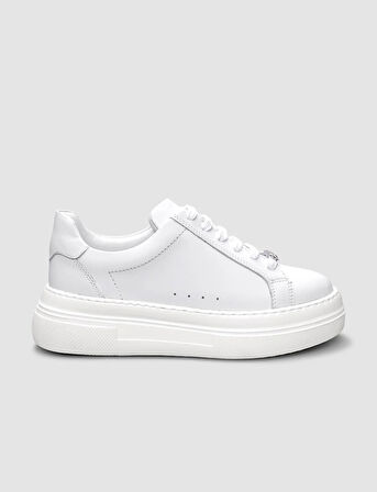 %100 Hakiki Deri Beyaz Bağcıklı Kadın Sneaker
