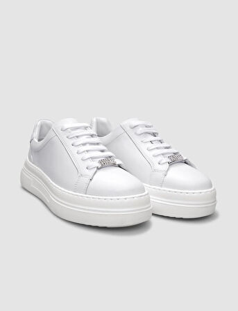 %100 Hakiki Deri Beyaz Bağcıklı Kadın Sneaker