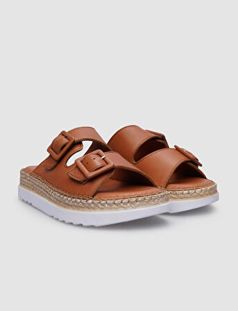 %100 Hakiki Deri Taba Çift Tokalı Kadın Terlik