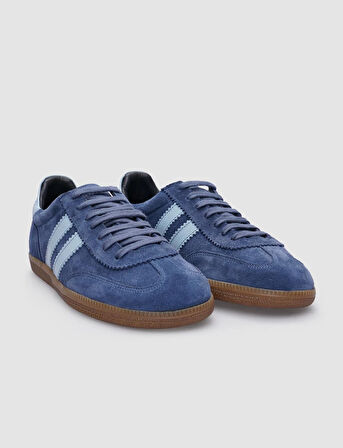 %100 Hakiki Deri Mavi Süet Bağcıklı Kadın Sneaker