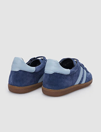 %100 Hakiki Deri Mavi Süet Bağcıklı Kadın Sneaker
