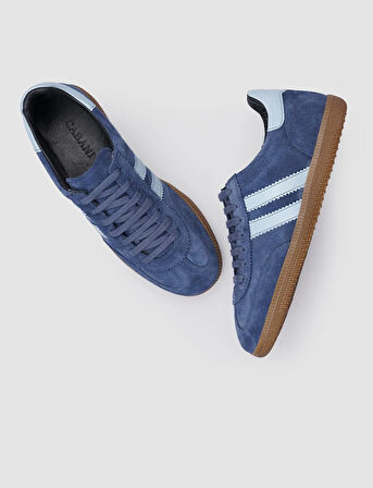 %100 Hakiki Deri Mavi Süet Bağcıklı Kadın Sneaker