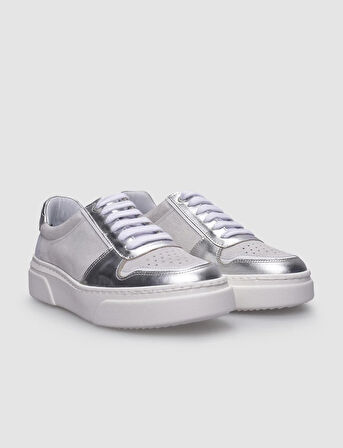 %100 Hakiki Deri Beyaz - Gri Kadın Sneaker