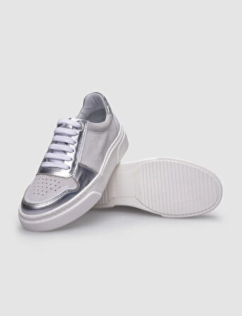 %100 Hakiki Deri Beyaz - Gri Kadın Sneaker