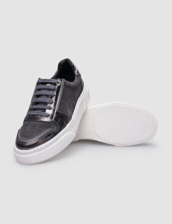 %100 Hakiki Deri Gri Bağcıklı Kadın Sneaker