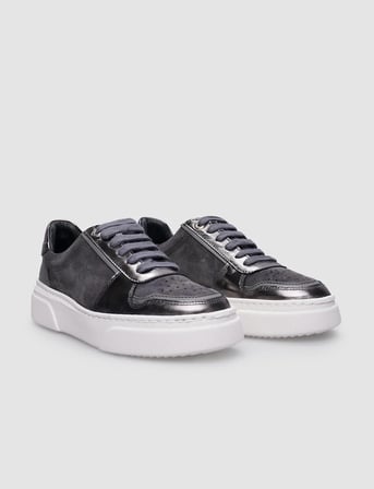 %100 Hakiki Deri Gri Bağcıklı Kadın Sneaker