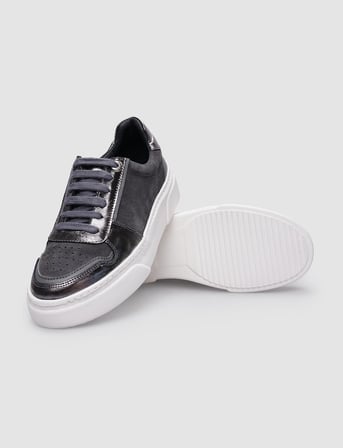 %100 Hakiki Deri Gri Bağcıklı Kadın Sneaker