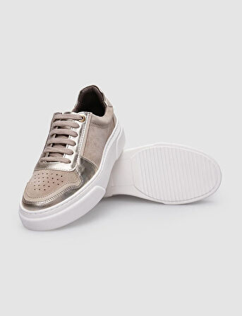 %100 Hakiki Deri Bej Bağcıklı Kadın Sneaker