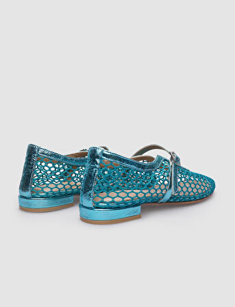 %100 Hakiki Deri Mavi Fileli Toka Detaylı Kadın Babet