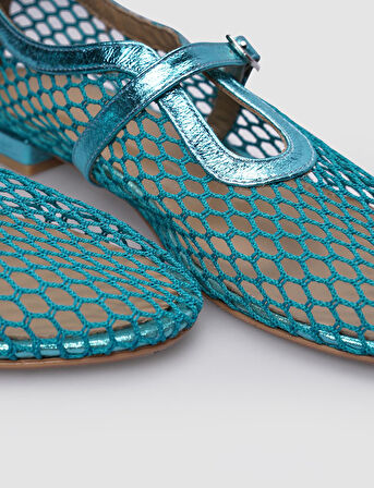 %100 Hakiki Deri Mavi Fileli Toka Detaylı Kadın Babet