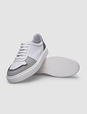 %100 Hakiki Deri Beyaz - Gri Erkek Sneaker
