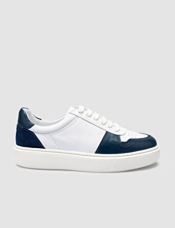 %100 Hakiki Deri Beyaz - Mavi Bağcıklı Erkek Sneaker