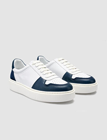 %100 Hakiki Deri Beyaz - Mavi Bağcıklı Erkek Sneaker