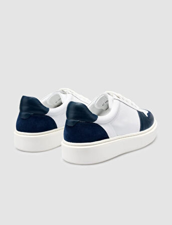 %100 Hakiki Deri Beyaz - Mavi Bağcıklı Erkek Sneaker
