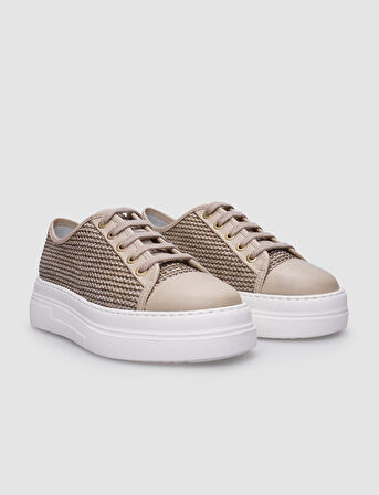 %100 Hakiki Deri Bej Bağcıklı Kadın Spor Ayakkabı