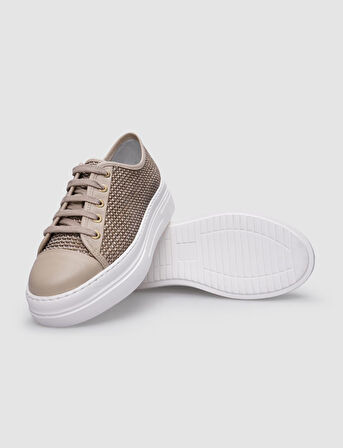 %100 Hakiki Deri Bej Bağcıklı Kadın Spor Ayakkabı