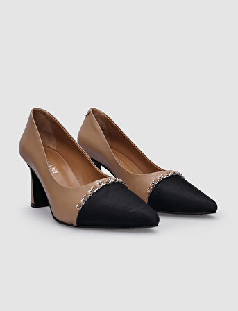 Cabani %100 Hakiki Deri Bej Toka Detaylı Kadın Topuklu Ayakkabı