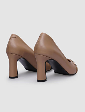 Cabani %100 Hakiki Deri Bej Toka Detaylı Kadın Topuklu Ayakkabı