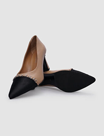 Cabani %100 Hakiki Deri Bej Toka Detaylı Kadın Topuklu Ayakkabı