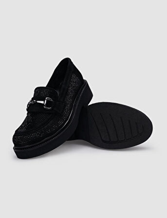 %100 Hakiki Deri Siyah Süet Tokalı Kadın Günlük Ayakkabı