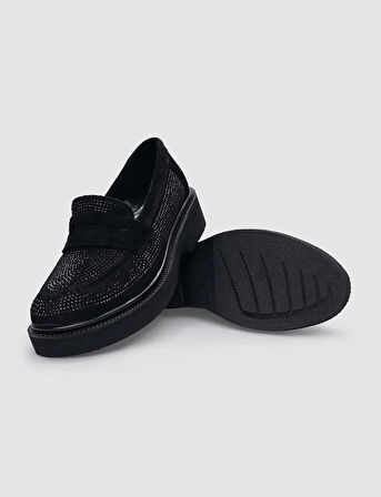 %100 Hakiki Deri Siyah Süet Taş Detaylı Kadın Ayakkabı