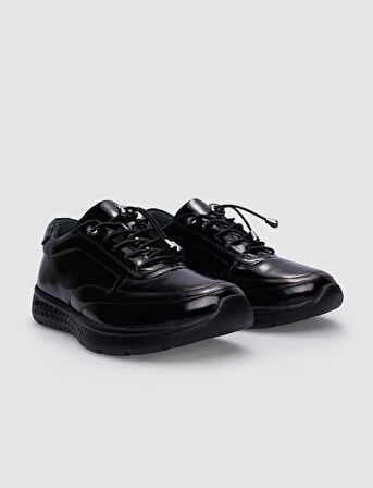 %100 Hakiki Deri Siyah Rugan Bağcıklı Kadın Günlük Ayakkabı