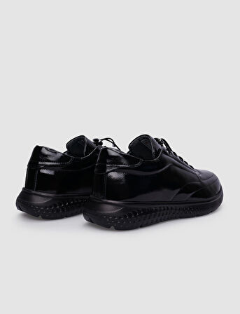 %100 Hakiki Deri Siyah Rugan Bağcıklı Kadın Günlük Ayakkabı