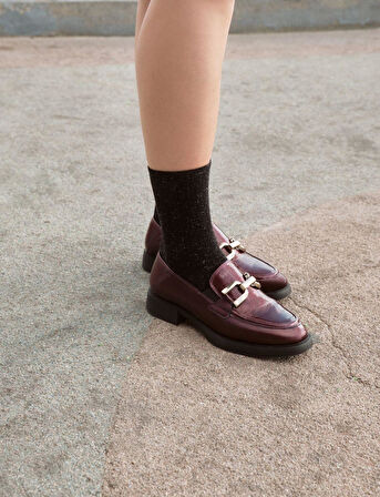 %100 Hakiki Deri Bordo Rugan Tokalı Kadın Günlük Ayakkabı