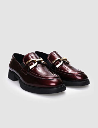 %100 Hakiki Deri Bordo Rugan Tokalı Kadın Günlük Ayakkabı