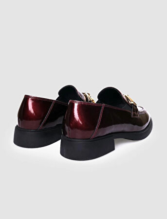 %100 Hakiki Deri Bordo Rugan Tokalı Kadın Günlük Ayakkabı