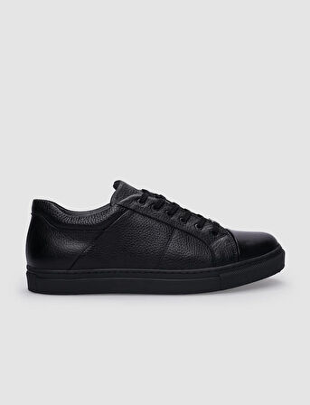 %100 Hakiki Deri Siyah Bağcıklı Erkek Sneaker