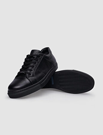 %100 Hakiki Deri Siyah Bağcıklı Erkek Sneaker