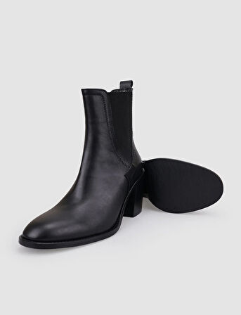 %100 Hakiki Deri Siyah Kadın Topuklu Bot