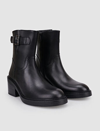%100 Hakiki Deri Siyah Fermuarlı Kadın Topuklu Bot