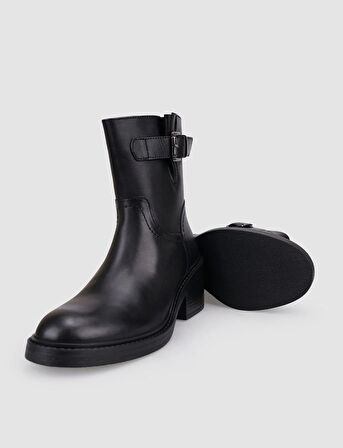 %100 Hakiki Deri Siyah Fermuarlı Kadın Topuklu Bot