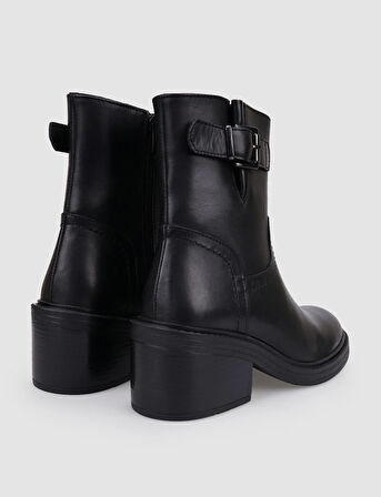 %100 Hakiki Deri Siyah Fermuarlı Kadın Topuklu Bot