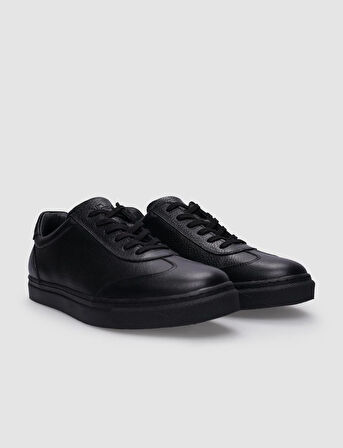 %100 Hakiki Deri Siyah Bağcıklı Erkek Sneaker