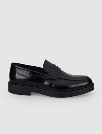%100 Hakiki Deri Siyah Açma Kemer Detaylı Erkek Loafer