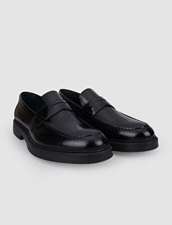 %100 Hakiki Deri Siyah Açma Kemer Detaylı Erkek Loafer