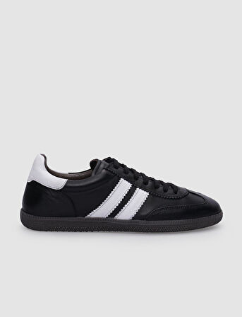 %100 Hakiki Deri Siyah - Beyaz Bağcıklı Kadın Sneaker