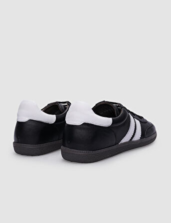 %100 Hakiki Deri Siyah - Beyaz Bağcıklı Kadın Sneaker