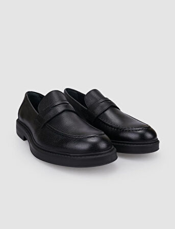 %100 Hakiki Deri Siyah Kemer Detaylı Erkek Loafer