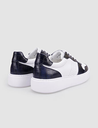 %100 Hakiki Deri Beyaz - Lacivert Croco Detaylı Erkek Sneaker