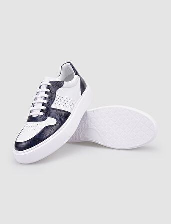 %100 Hakiki Deri Beyaz - Lacivert Croco Detaylı Erkek Sneaker
